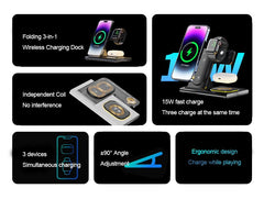 15W 3 in 1 LED Foldable Wireless Charger Stand For Samsung Or iPhone