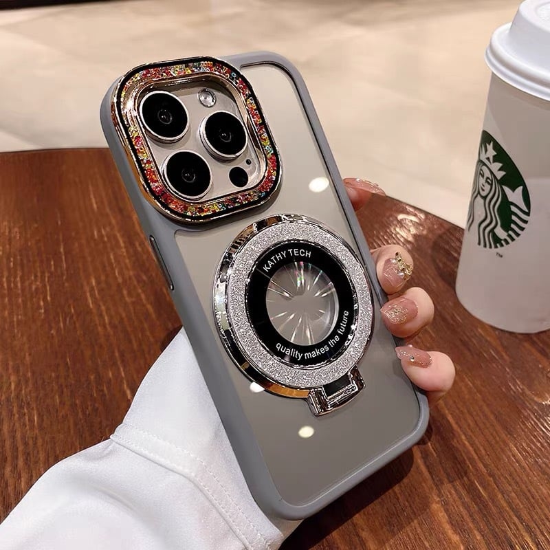 For iPhone 15/14/13/12 series dot diamond lens, glitter magnetic ring holder mobile phone case