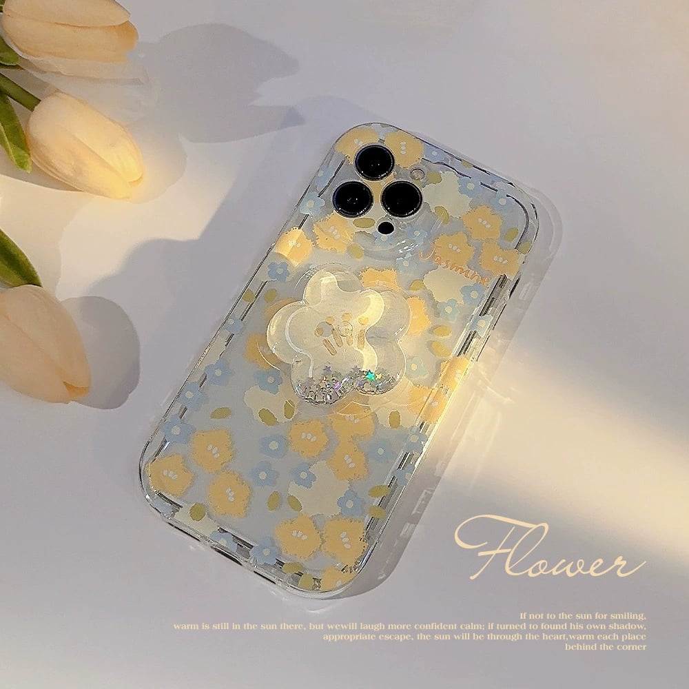 Floral Mobile Phone Case For iPhone 16/15/14/13/12/11 Series With Flower-shaped Quicksand Stand