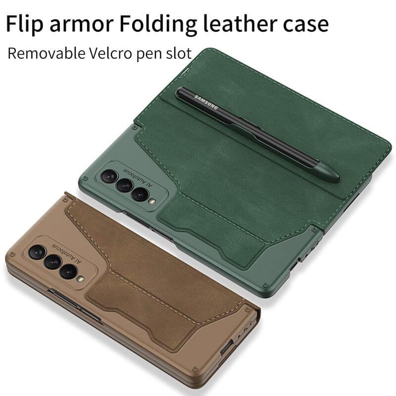 Leather Pen Holder Armor Back Case For Galaxy Z Fold 3/Galaxy Z Fold 4/Galaxy Z Fold 5/Galaxy Z Fold 6