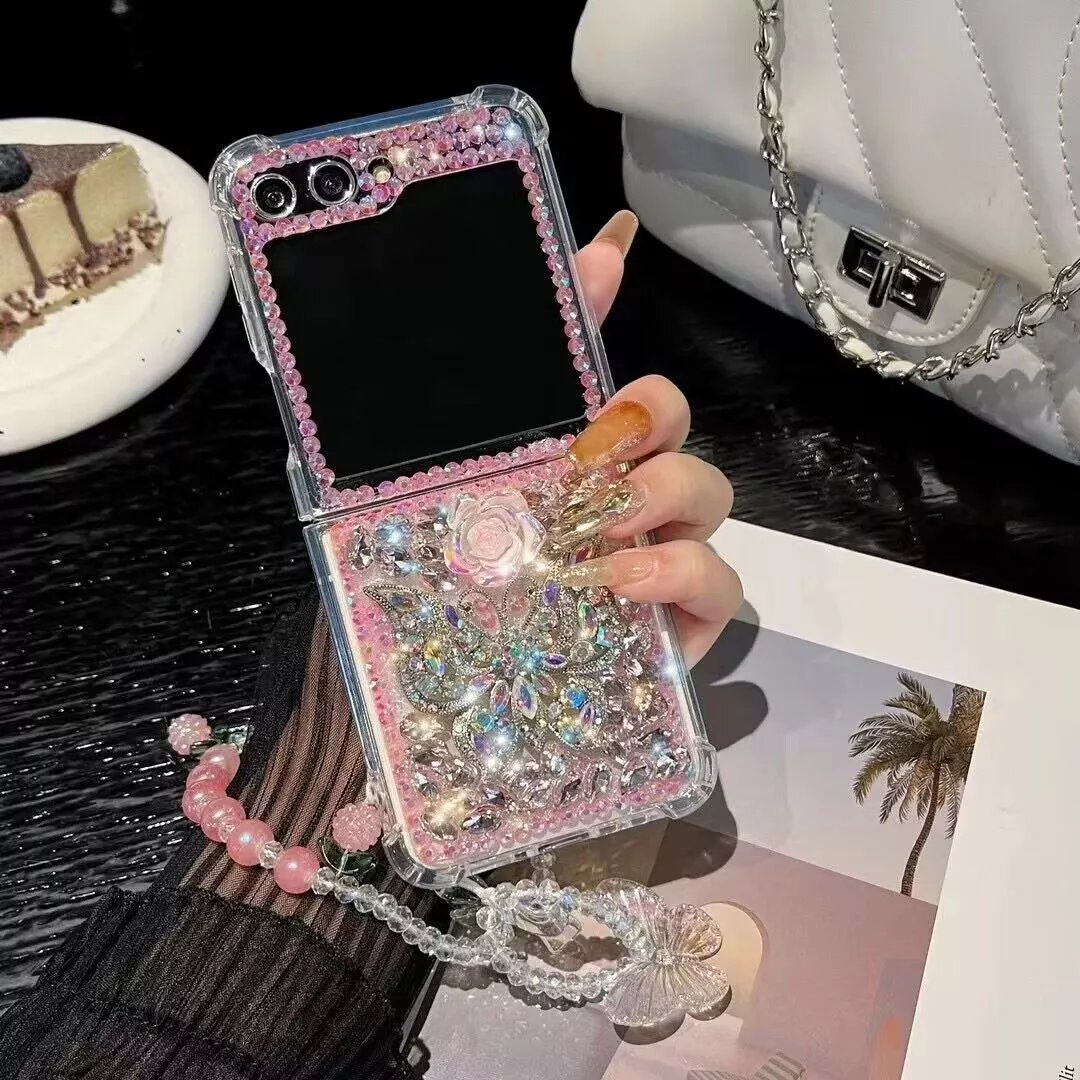 Flower butterfly diamond mobile phone case with bracelet for Galaxy Z Flip 3/Galaxy Z Flip 4/Galaxy Z Flip 5