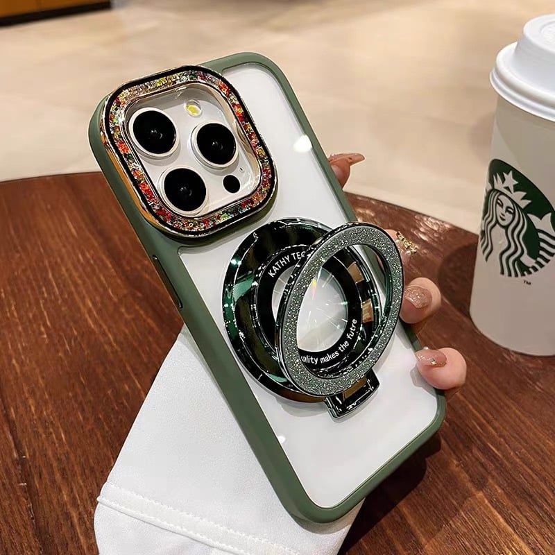 For iPhone 15/14/13/12 series dot diamond lens, glitter magnetic ring holder mobile phone case