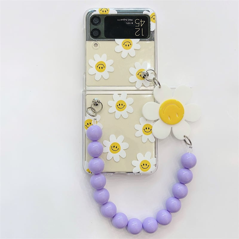 Cute Sunflower Clear Phone Case with Wrist Strap for Galaxy Z Flip 3/4/5/6 | Hard PC Anti-Scratch Protective Cover
