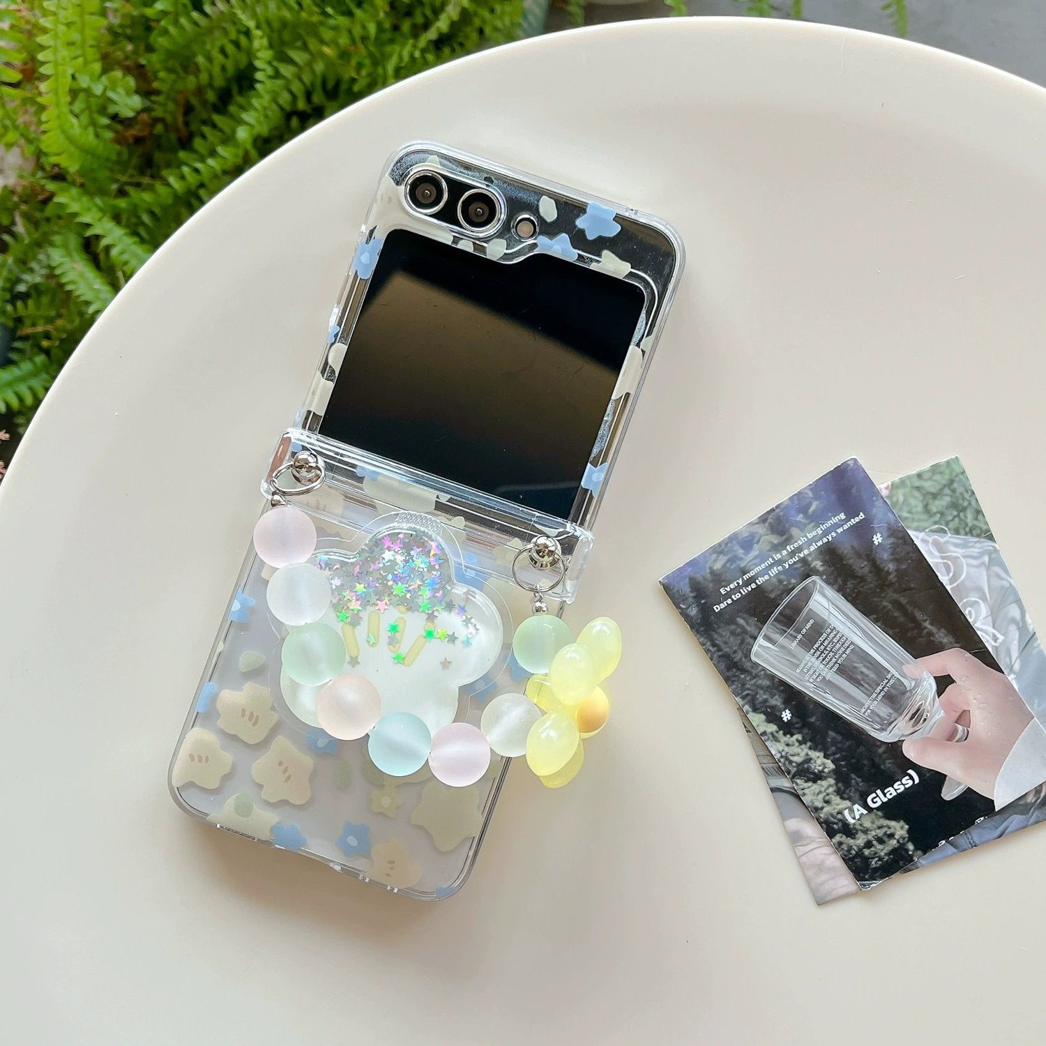 Pink and Yellow Flower Protective Case With Quicksand Stand For Galaxy Z Flip 3/Galaxy Z Flip 4/Galaxy Z Flip 5/Galaxy Z Flip 6