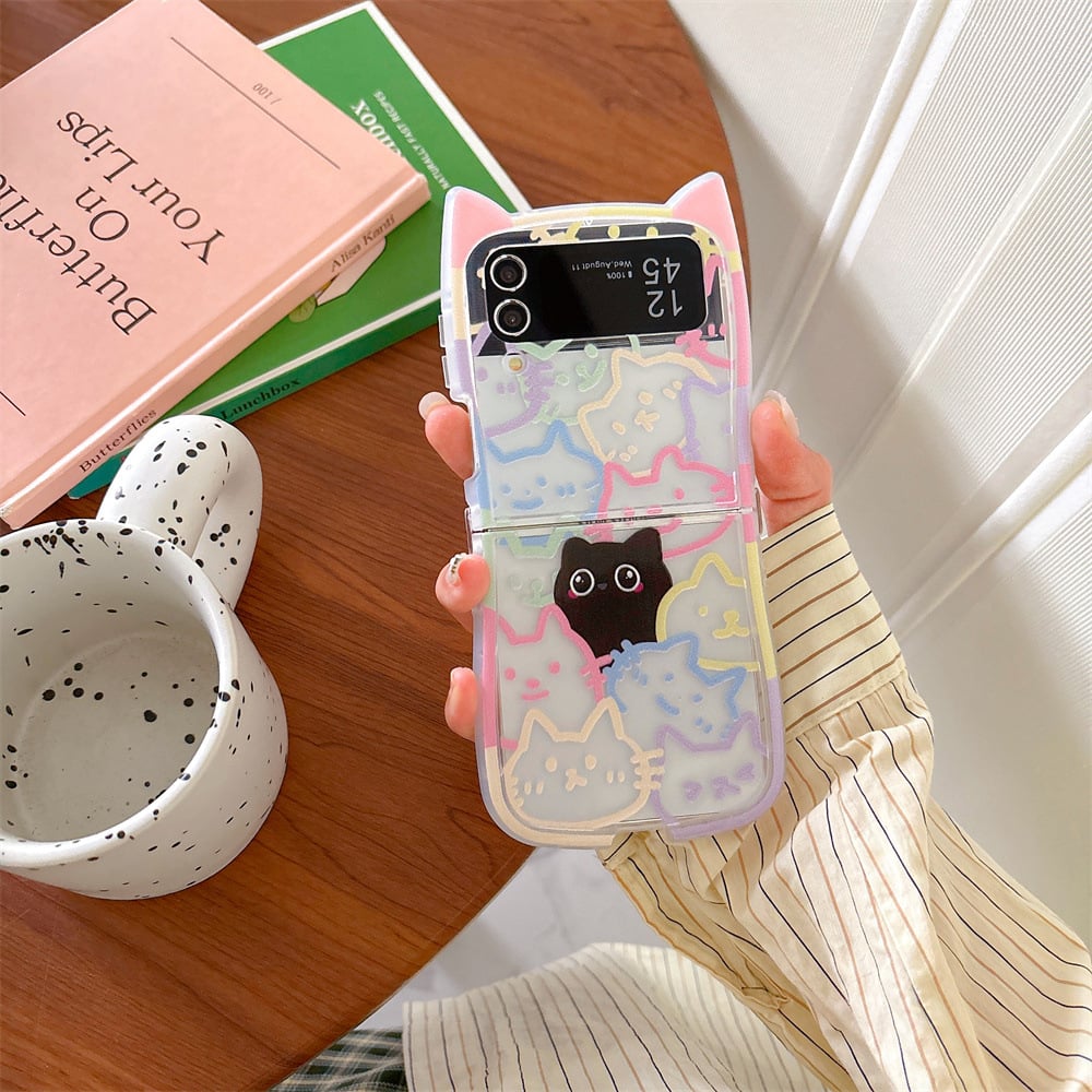 Cute 3D Cat Ear Graffiti Cat Phone Case, Suitable for Galaxy Z Flip 3/Galaxy Z Flip 4/Galaxy Z Flip 5/Galaxy Z Flip 6