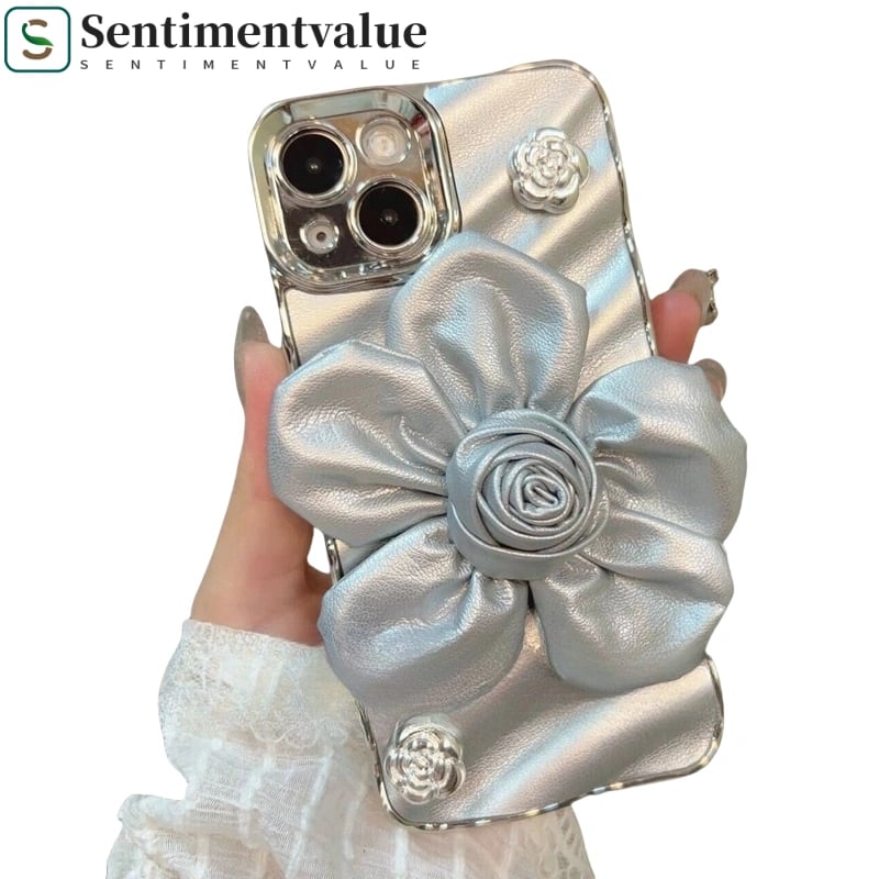 SentimentvalueTM Silver-plated Three-dimensional Leather Rose Flower Mobile Phone Case For iPhone 16 15 14 13 12 Series